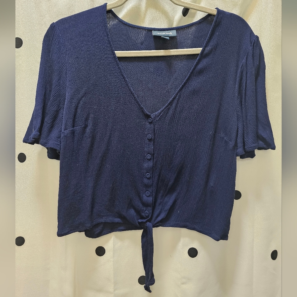 Modcloth XL navy blue flutter sleeve v-neck button tie cropped shirt